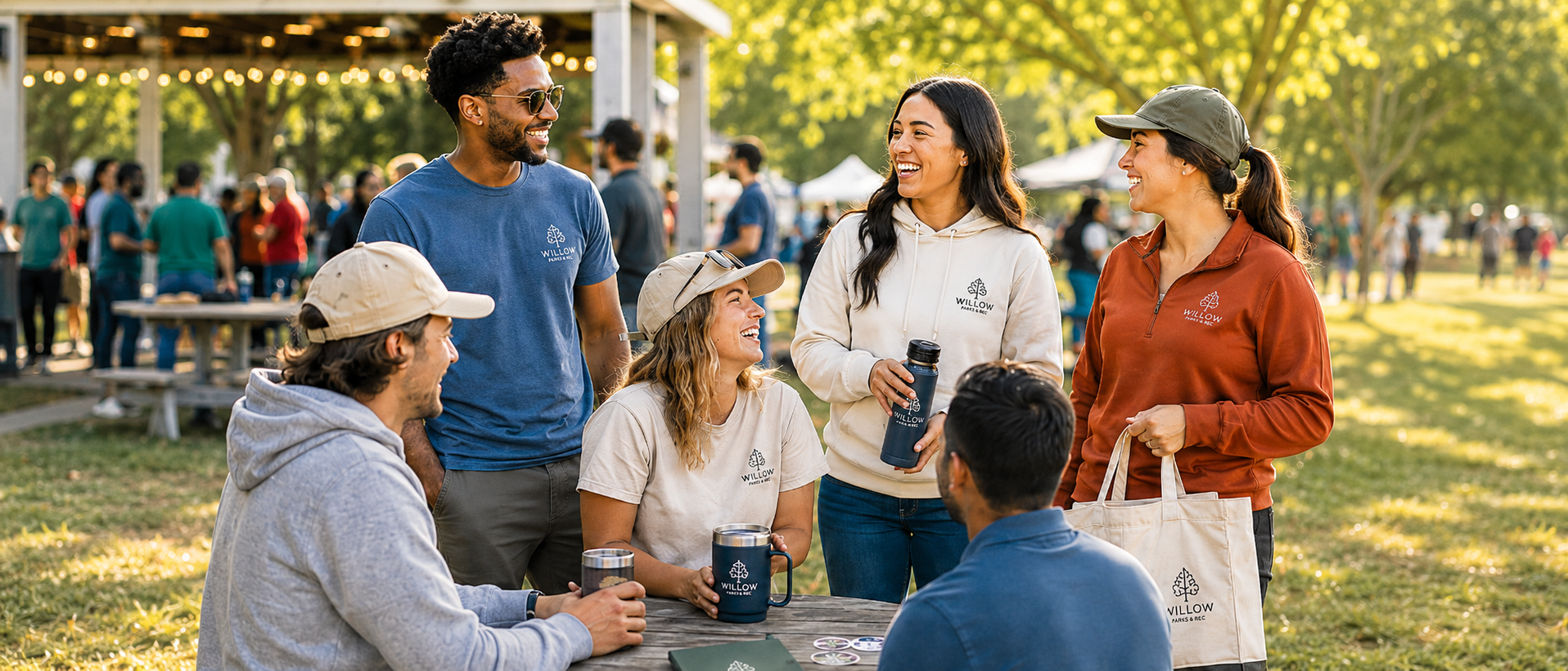 People wearing custom branded apparel at an outdoor event